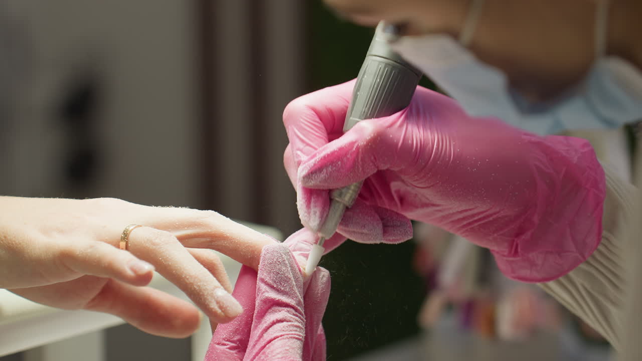 Close-up view of nail technician in pink gloves and face mask shaping client nail with electric file. Technician's face partially visible as fine dust particles scatter from filing process