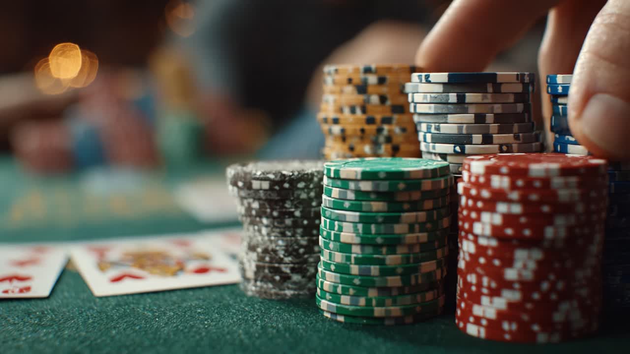 Exciting Close-Up of Colorful Poker Chips Stacked for a High-Stakes Game, with Cards Displayed on the Green Felt Table, Capturing the Thrill of Casino Action