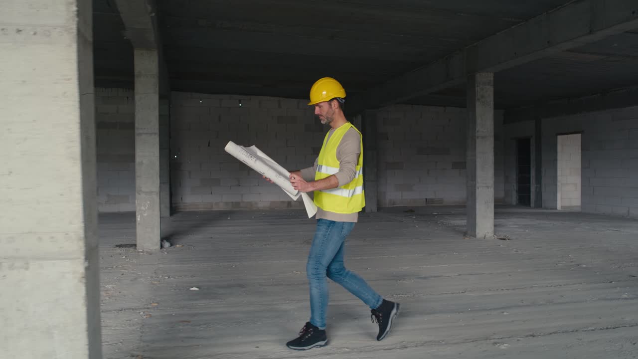 imagen amplia de un ingeniero caucásico caminando por el sitio de construcción y navegando por los planos de construcción.