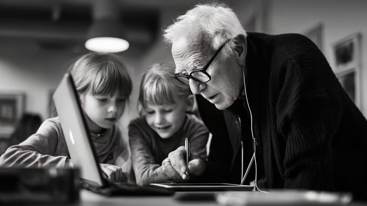 An Elderly Man Engages with Two Children Over a Laptop, Showing the Joy of Technology and Learning in a Close-Knit Environment, Emphasizing Connection Across Generations