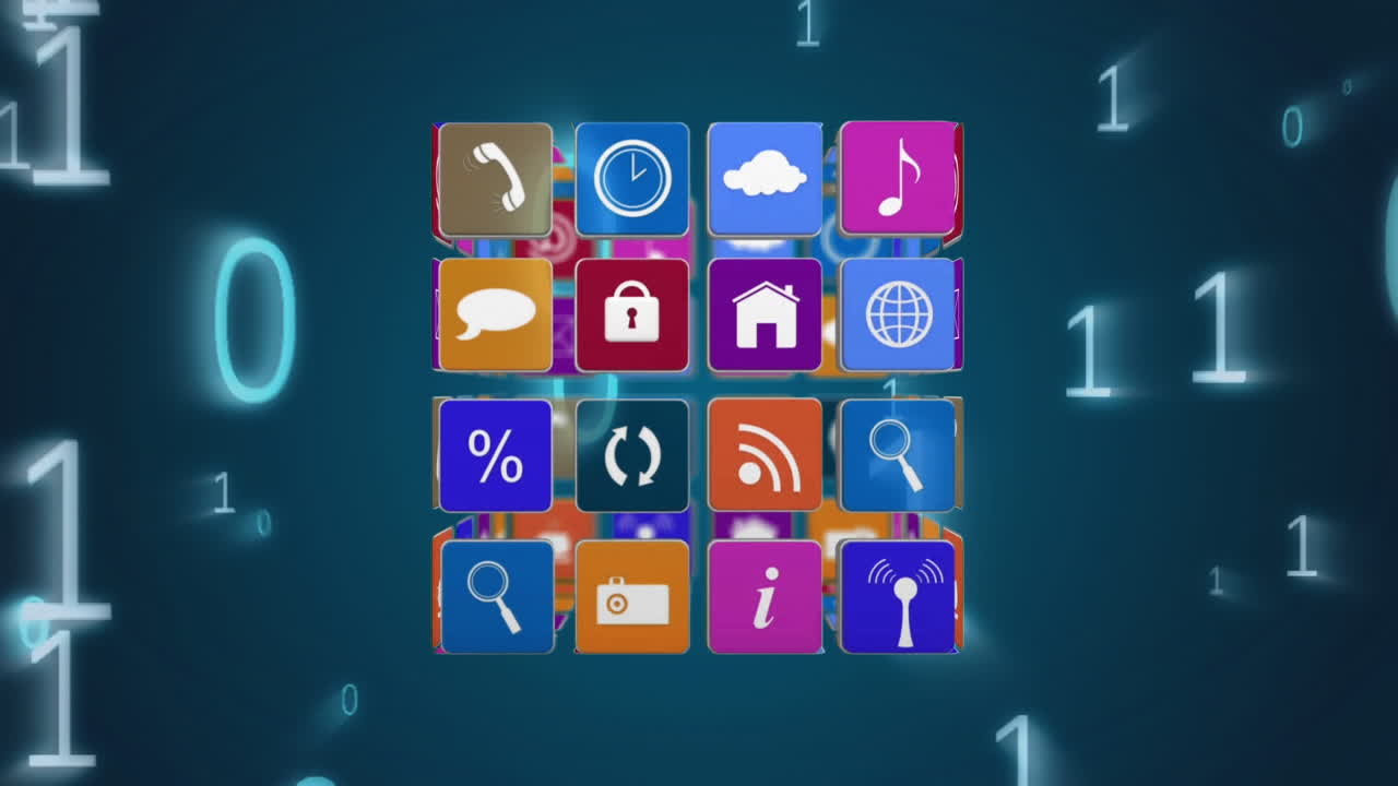 Internet icons in a cube with binary codes