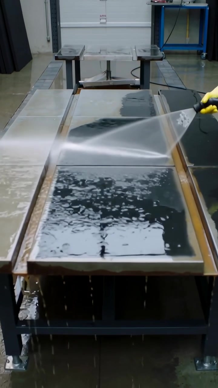 Vertical video: Spraying yellow gloved hand pulling wand at bench, rinsing panels toward drain