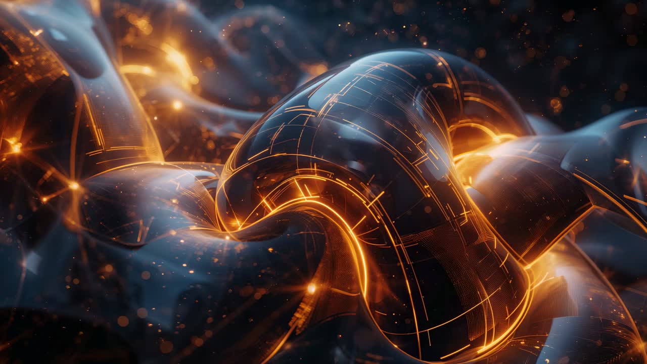 Rotating braided knot reacting to inner glow in dark void, pulsing circuit lines and sparks