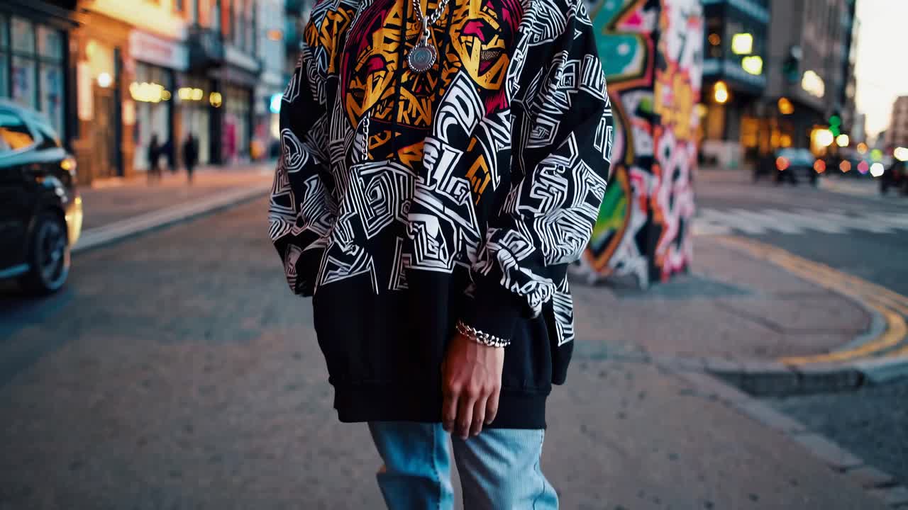 Video di street style urbano con un'inquadratura dal basso, che riprende una persona con una felpa vivace e jeans.