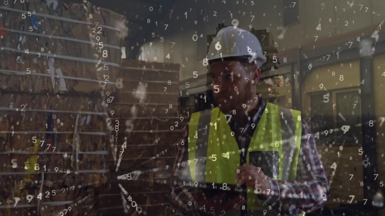 Animación de procesamiento de datos sobre un trabajador caucásico usando una tablet.