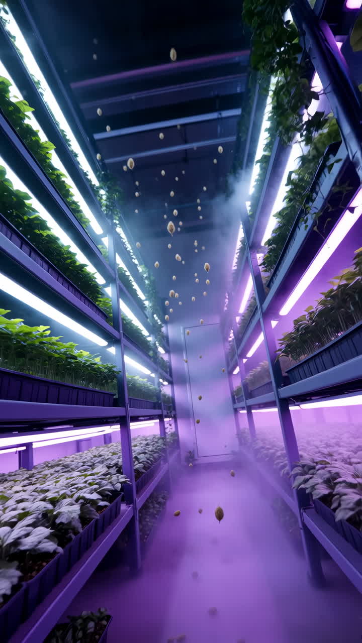 Indoor Vertical Farm with Purple Grow Lights and Floating Seeds