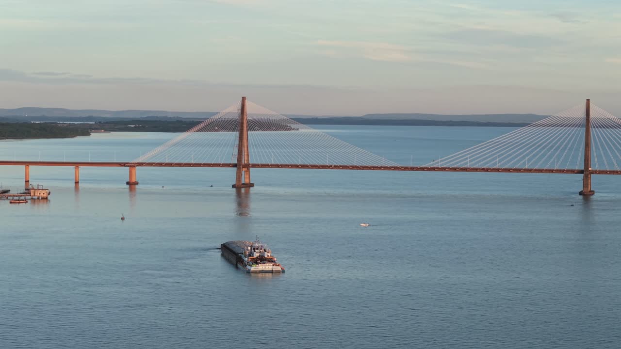 Bulk carrier vessel on Parana River, infrastructure and freight business
