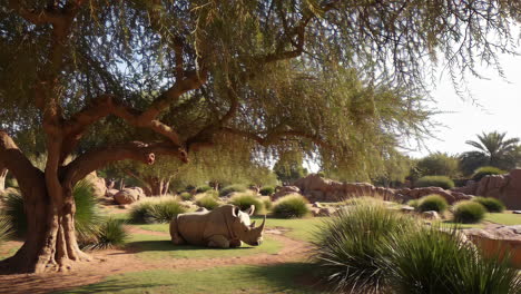 rhinoceros resting under a large tree in a savanna-like landscape
