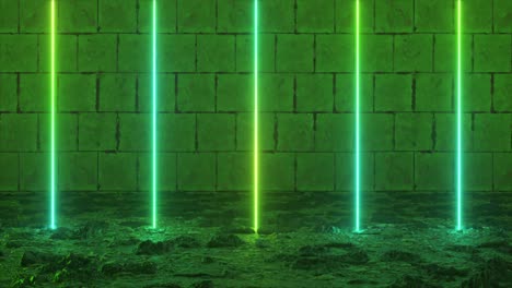 rayos láser de neón verde y cian en el fondo de la pared de piedra