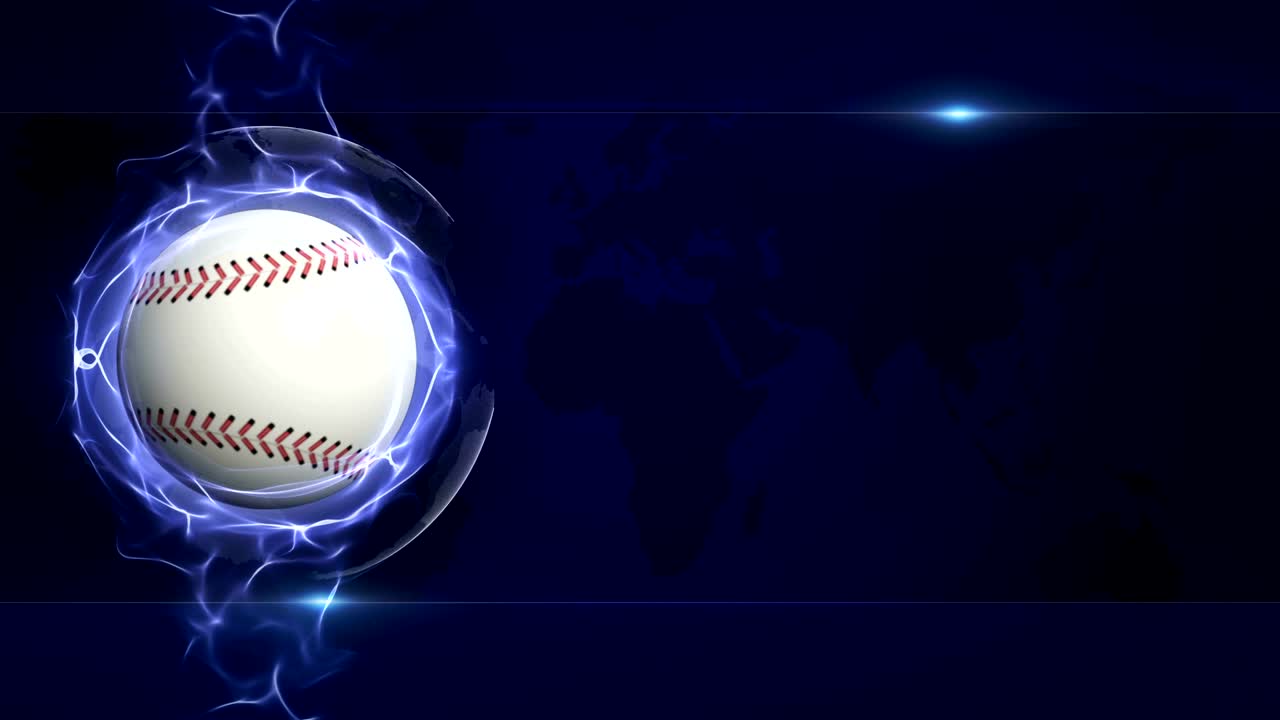 Palla da baseball in un anello di particelle astratte blu, rendering, sfondo animato, loop