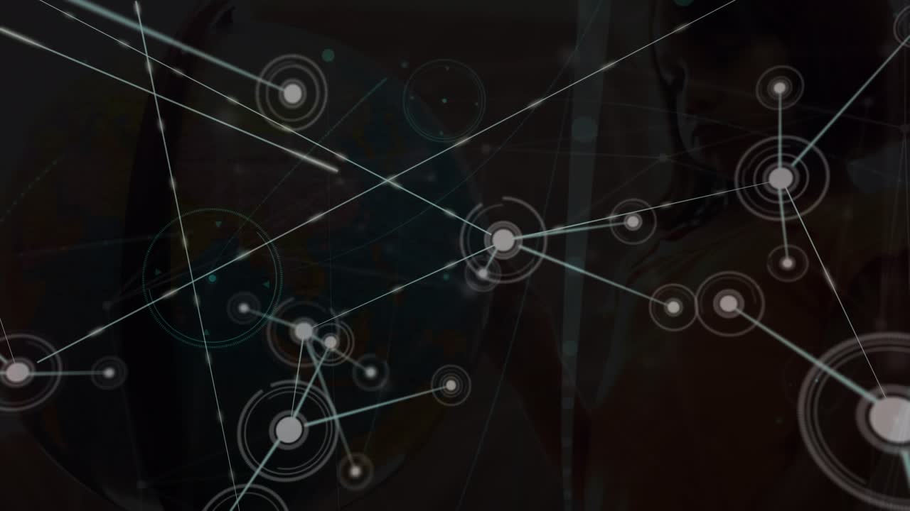 Animation of network of connections over caucasian girl with a globe model at school