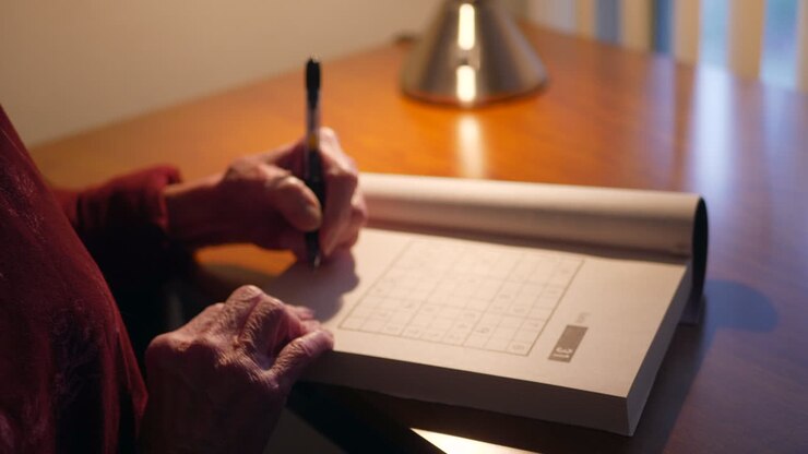 Middle aged caucasian woman with aging hands writing with a pen in a number puzzle book solving for mind acuity to stay mentally adept and healthy