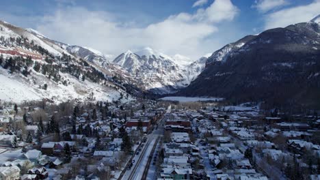 Pullback-drone-aerial-flyover-of-Telluride,-Colorado-in-the-winter