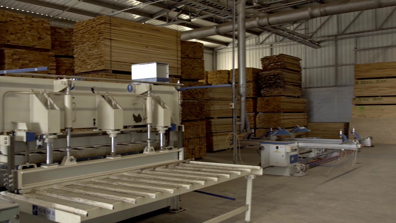 Industrial woodworking machinery arranged inside factory warehouse with large stacks of lumber, conveyor rollers, metal piping and organized production equipment