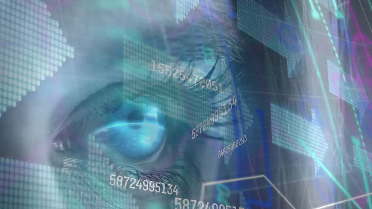 animazione di numeri di elaborazione dei dati e frecce sopra l'occhio blu