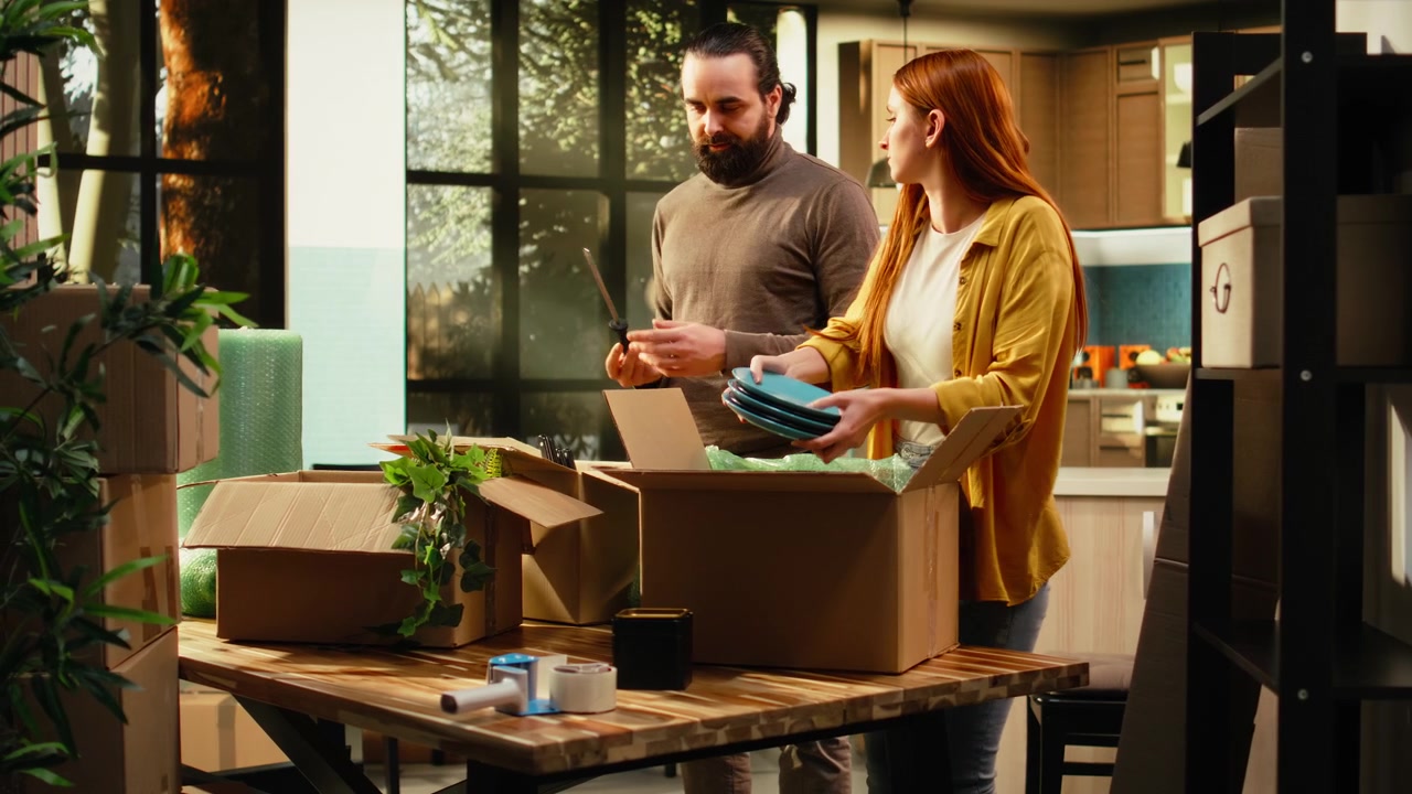 Couple Unpacking Kitchenware from Cardboard Boxes in New Home