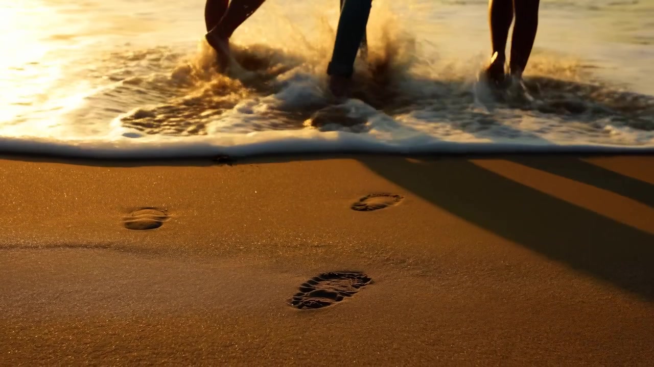 Tre persone, riprese dalla vita in giù, guadano tra le onde basse al tramonto, i piedi che incontrano la schiuma che si arriccia, mentre impronte fresche si estendono sulla sabbia bagnata e le onde ammorbidiscono delicatamente i bordi vicino alla riva.