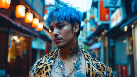 a man with blue hair and tattoos standing in a city street