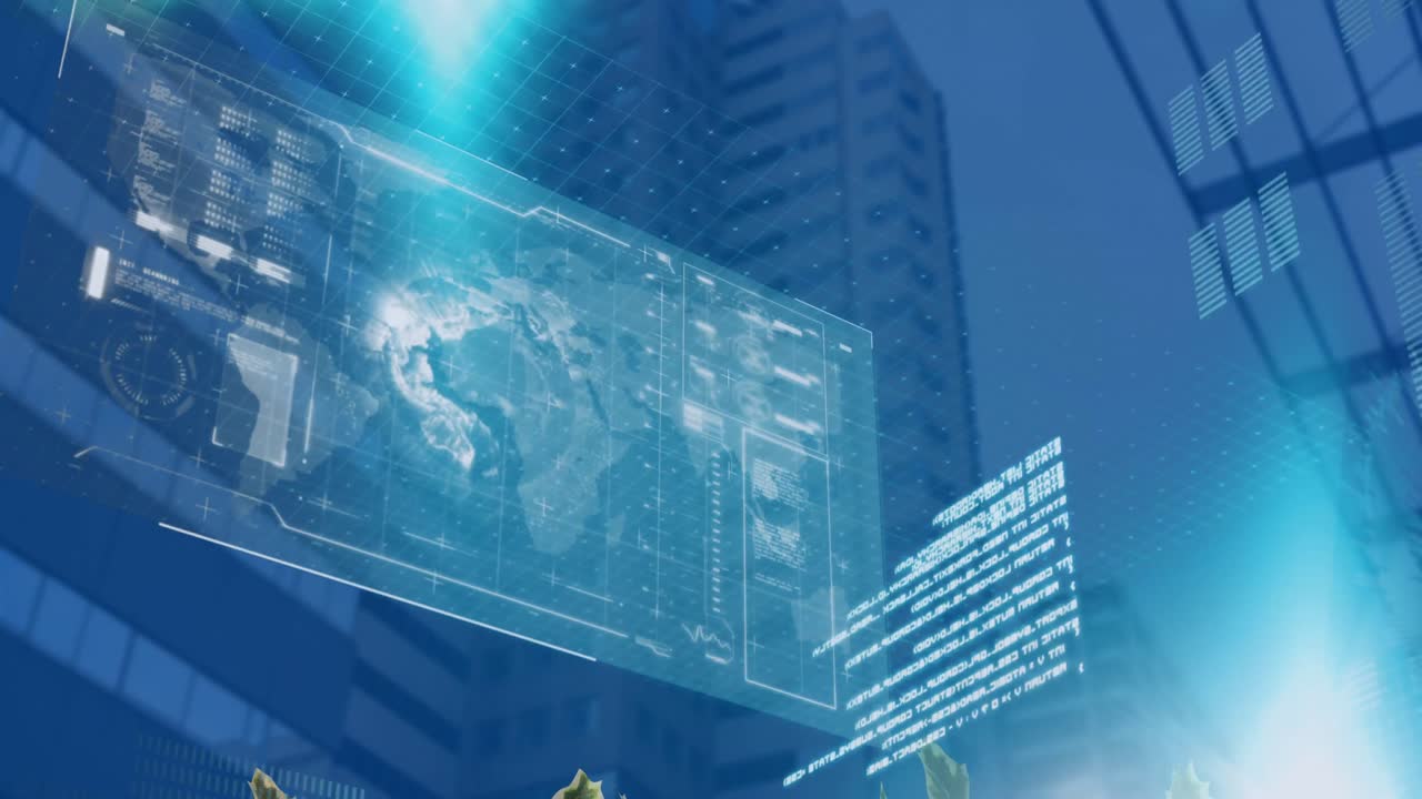 도시 풍경 위의 금융 데이터 처리 애니메이션