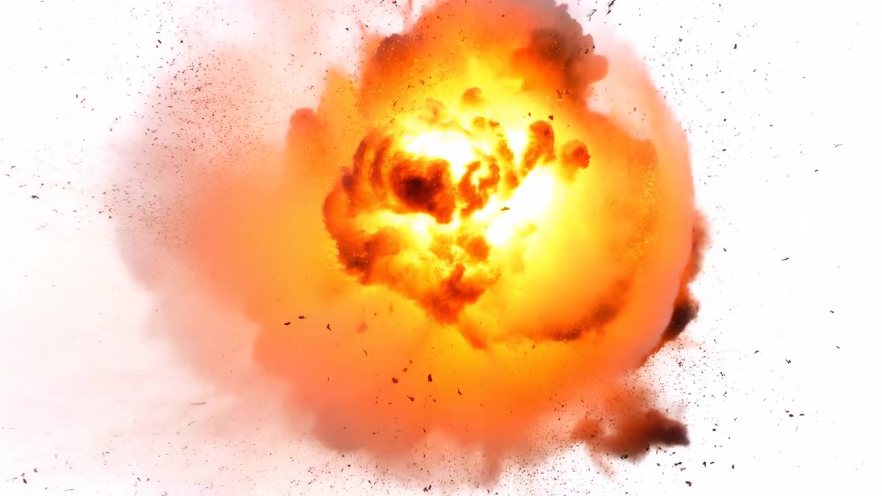 Esplosione infuocata che inghiotte detriti e nuvole di fumo, nucleo arancione brillante che si espande in una fiamma a fungo e cenere