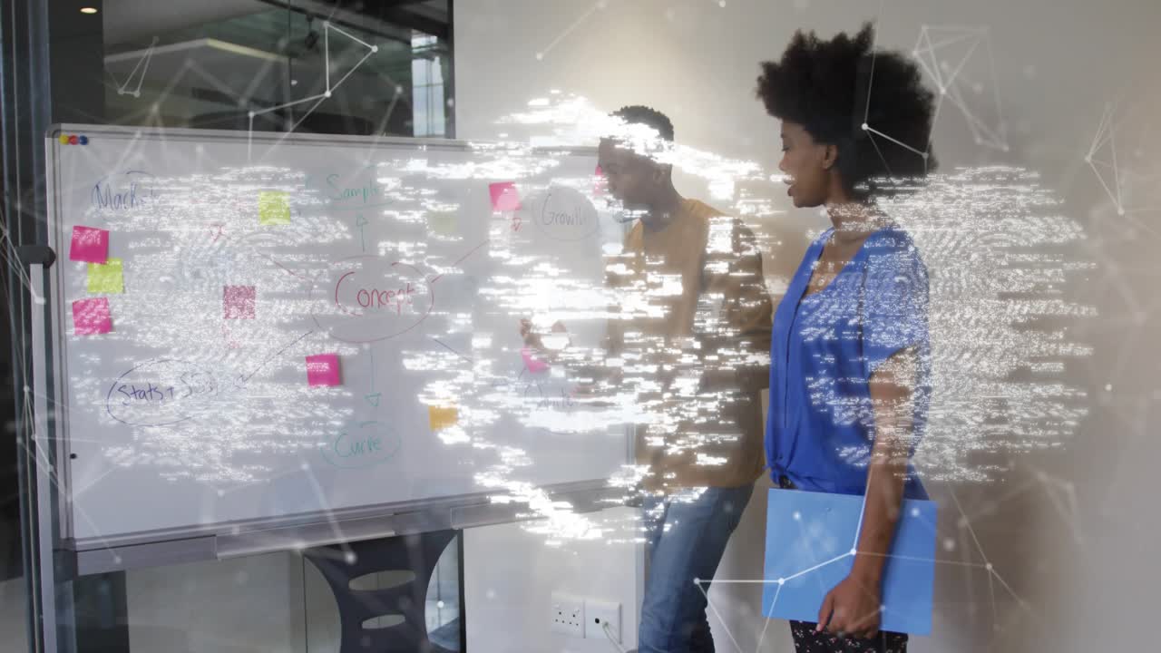 Colleagues adding and moving sticky notes on board causing cybersecurity overlay showing strategy