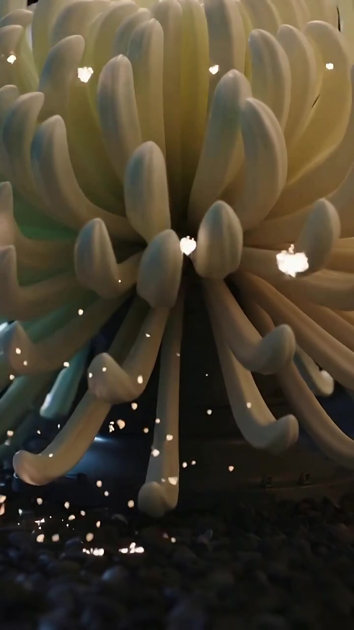 Vertical video: Glowing cream mum lamp pulsing warm light in studio while sparks falling on pebbles