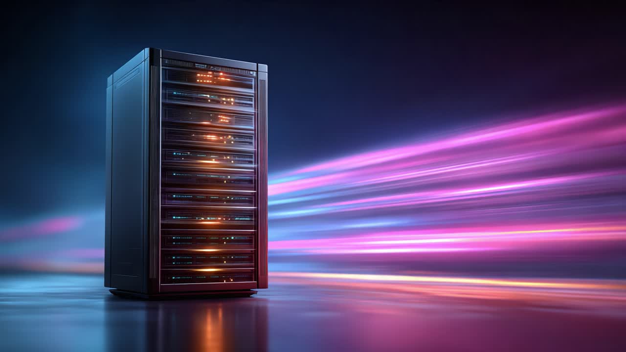 A striking image of a sleek, illuminated server tower set against a vibrant, dynamic background of colorful light trails, emphasizing modern technology and high-speed data transfer