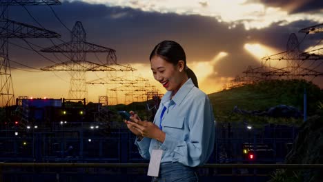 vista lateral de una trabajadora profesional asiática de pie con su teléfono inteligente cerca de la torre de alto voltaje, instalación industrial, comprobando su teléfono inteligente con meditación