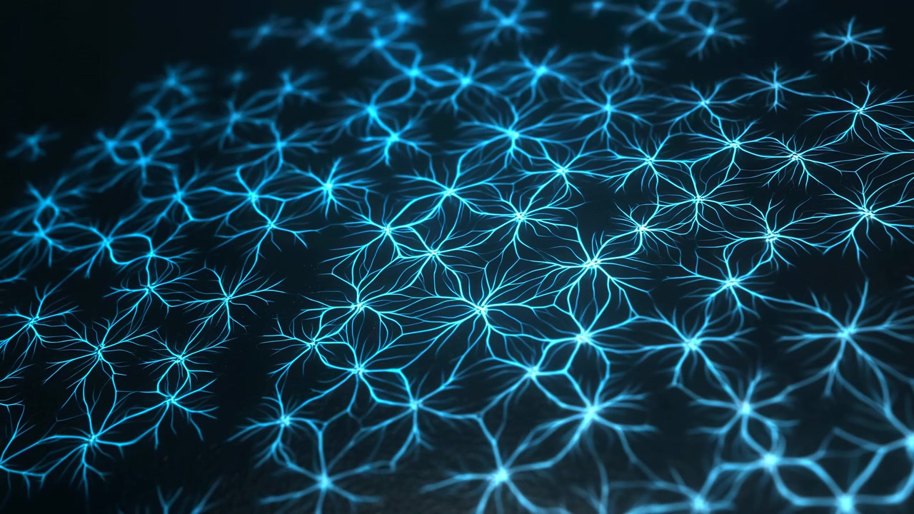 Bright cyan filaments progressively expand and connect across a black background, forming intricate web-like clusters with soft glow, shallow depth, and flowing organic detail.