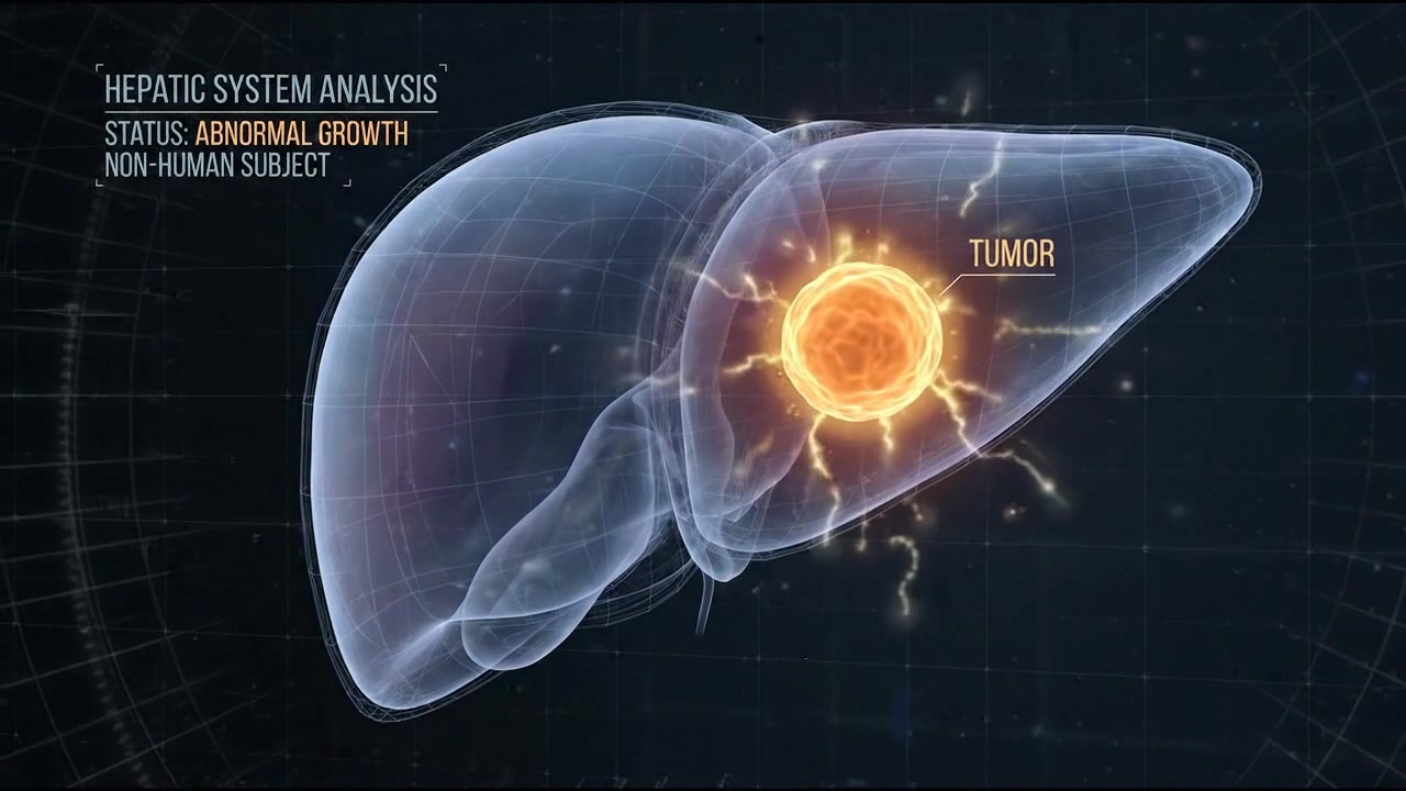 Transparent liver with bright circular focal highlight in digital medical visualization