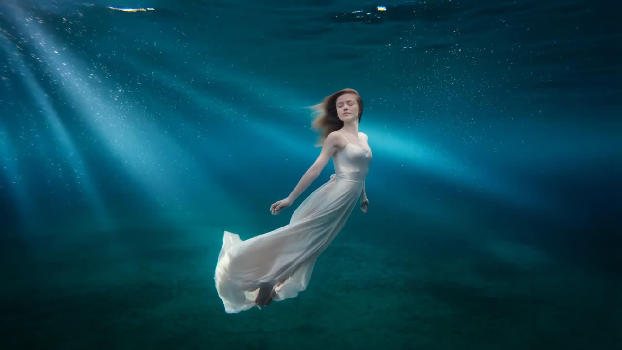 Woman in Flowing White Dress Underwater