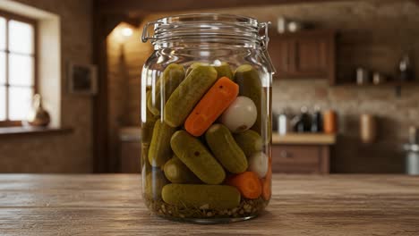 colorful pickled vegetables in a glass jar: a vibrant display of cucumbers, carrots, and eggs, perfect for culinary enthusiasts seeking flavor and aesthetic pleasure
