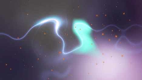 Animation of glowing blue and white energy wave over orange light spots on dark background