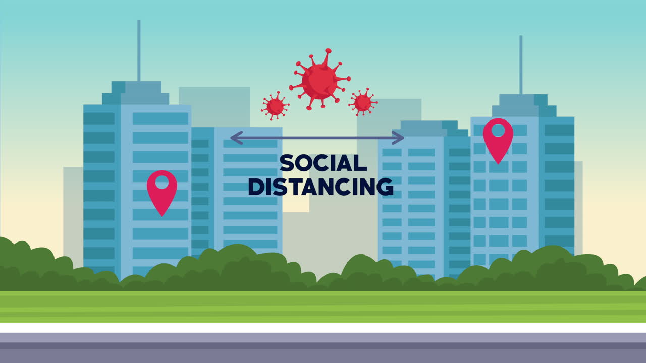 social distancing campaign with cityscape scene