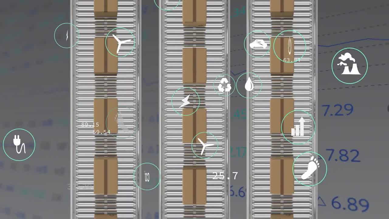 Animation of eco icons and data processing over cardboard boxes on conveyor belts