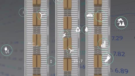 animación de iconos ecológicos y procesamiento de datos sobre cajas de cartón en cintas transportadoras