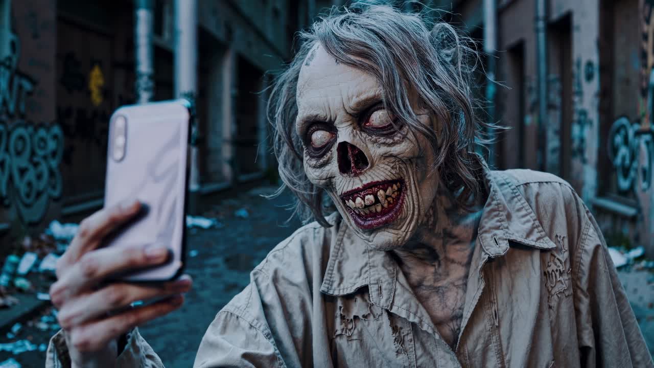 Decaying zombie with exposed bone structure capturing ironic selfie using smartphone, standing in desolate urban wasteland representing post apocalyptic horror aesthetic
