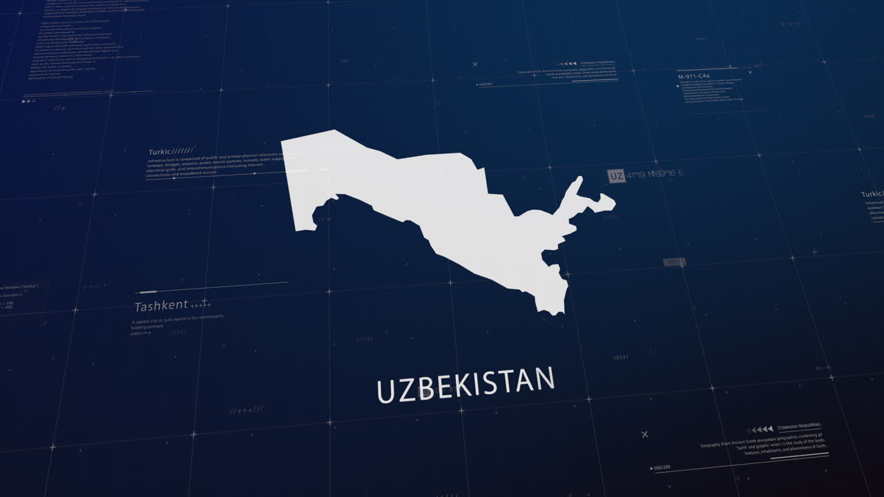 Uzbekistan country map comes to life with cinematic panning, unveiling key details, the capital, and slogan, providing an engaging background for corporate and commercial use