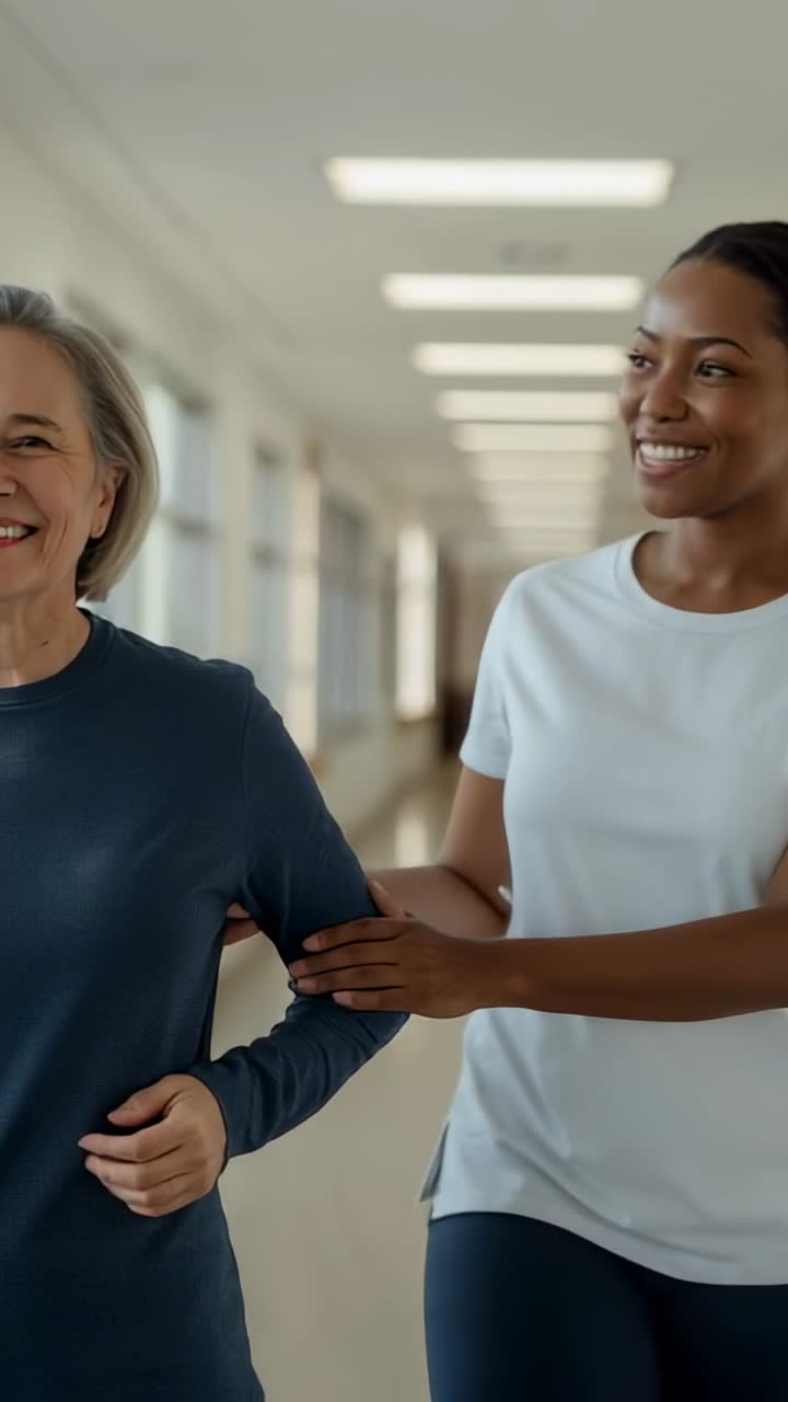 Vertical video: Placing hand on arm, caregiver guiding senior down rehab hall to walk, in white top