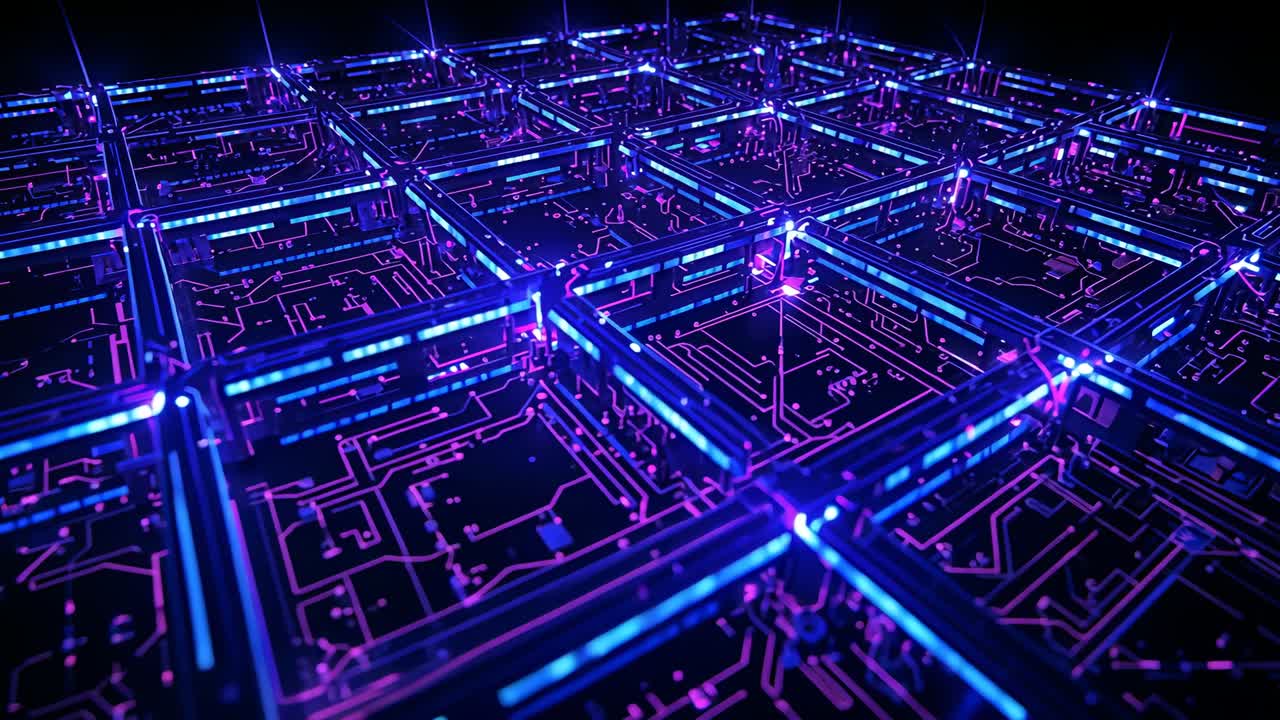 At start pulsing neon-lit grid panels displaying data flow in digital void, with circuit-like paths