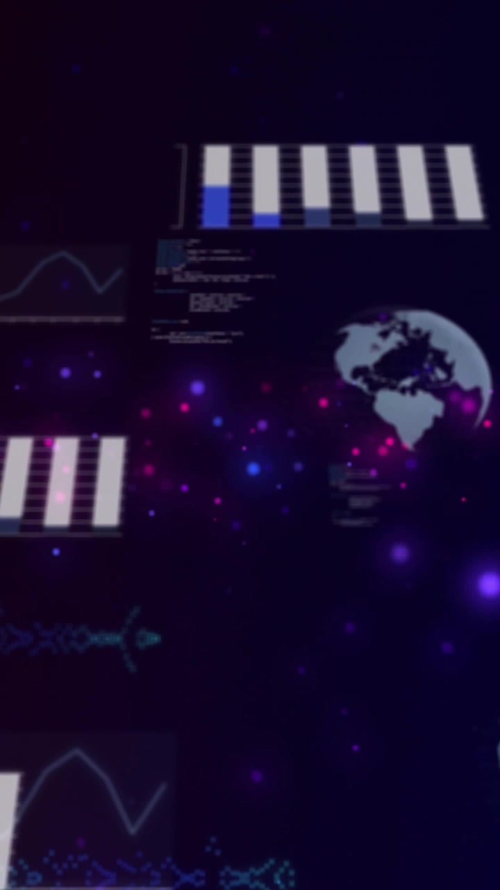 Video verticale: HUD che si anima in un'interfaccia utente tecnologica, barre che si riempiono a impulso e rotazione del globo per analisi.