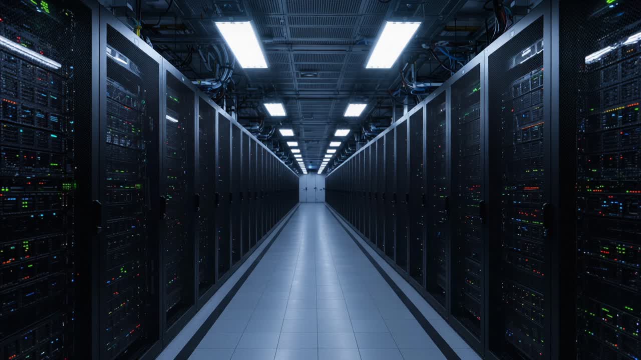 A Glimpse into a Modern Data Center's Vast Aisle with Rows of Server Racks Illuminated by Bright Ceiling Lights, Showcasing Cutting-Edge Technology and Infrastructure