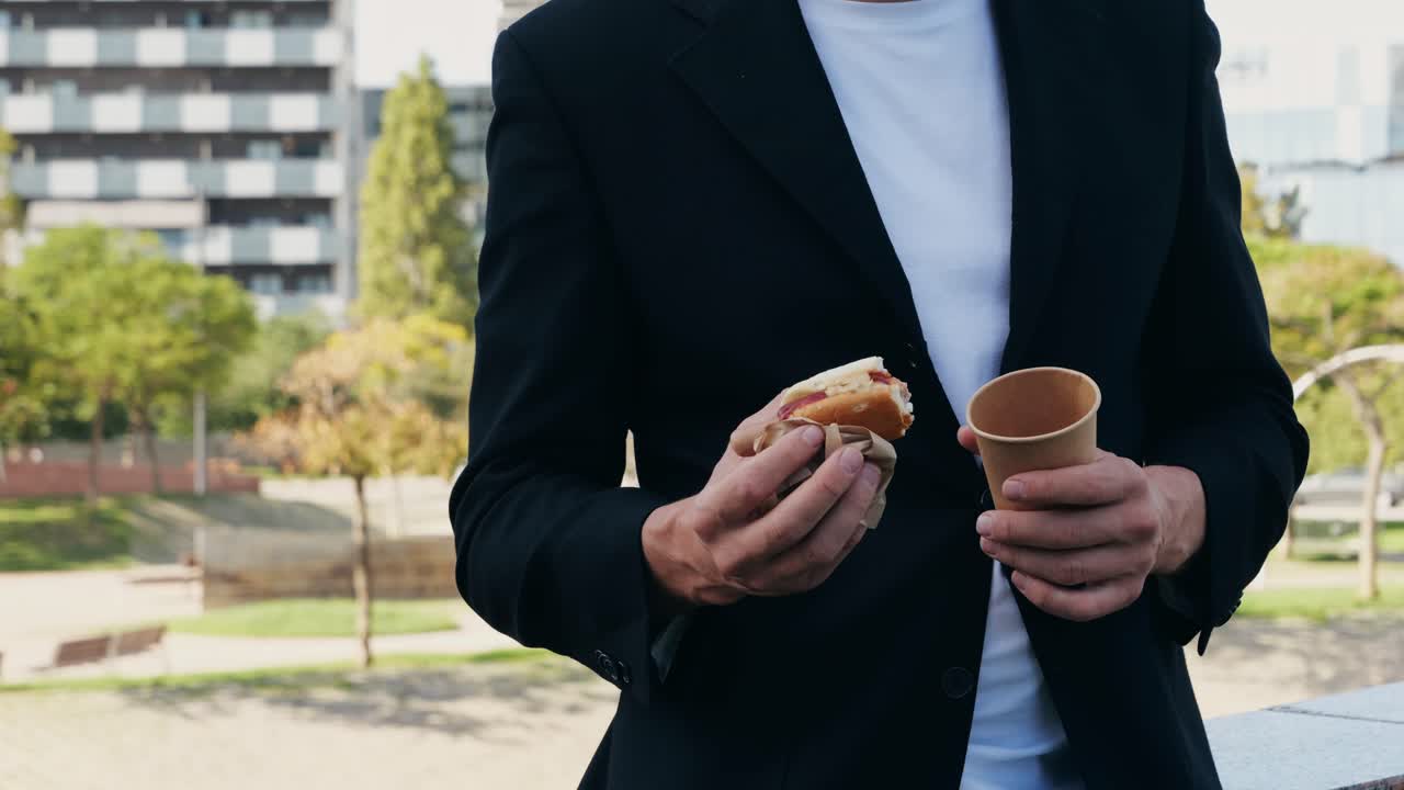 Man in black suit eating a sandwich and drinking coffee outdoors