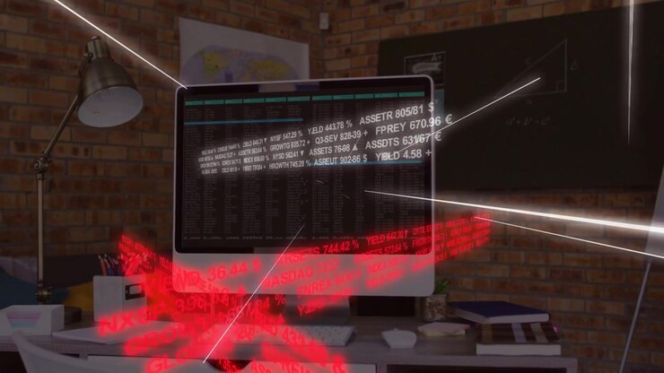 All-in-one monitor on desk, ticker starting and driving red ribbons, laser streaks, showing finance
