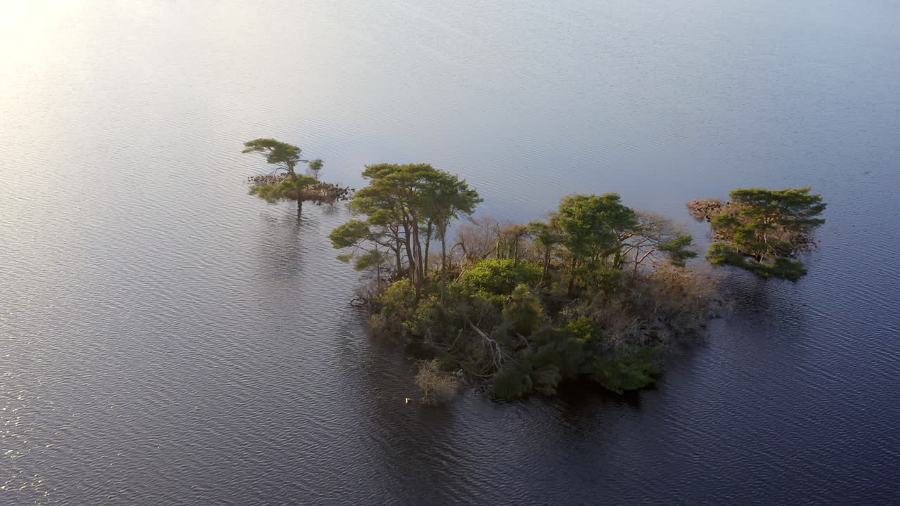 Aerial high angle orbit orbit over small islands and the shimmering lake surface in golden light glistening, Connemara, Galway, Ireland