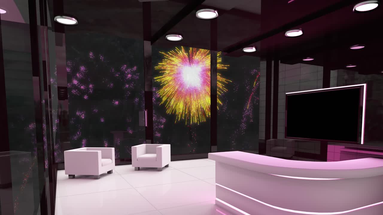 밤 하늘에서 크리스마스 및 새해 불꽃놀이와 함께 현대적인 인테리어의 애니메이션