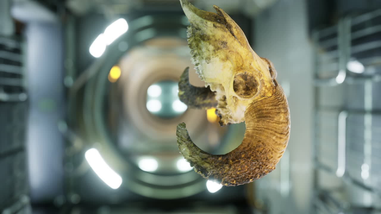 Exploring the intricate beauty of a ram skull in a modern laboratory setting