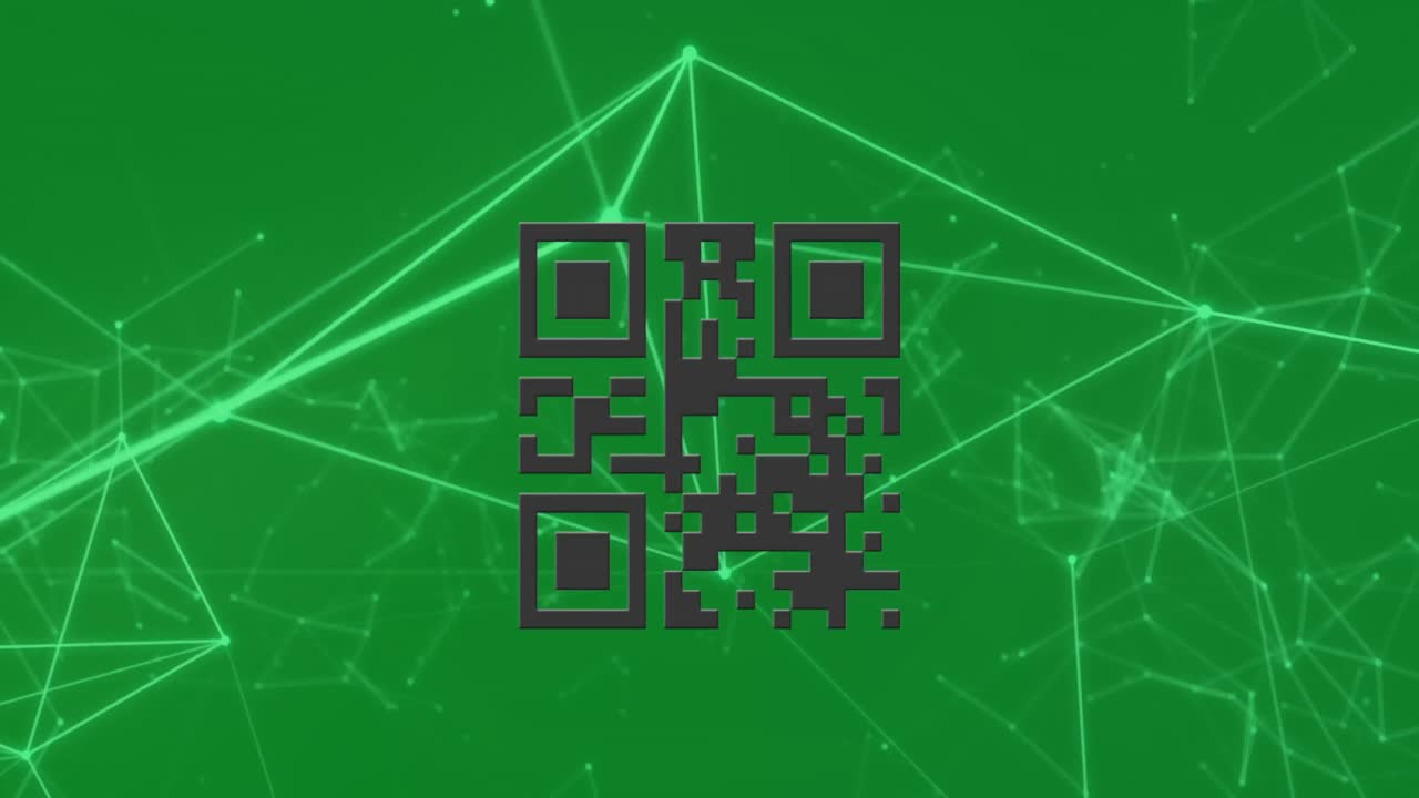 animación del código qr con una red blanca de conexiones sobre fondo verde