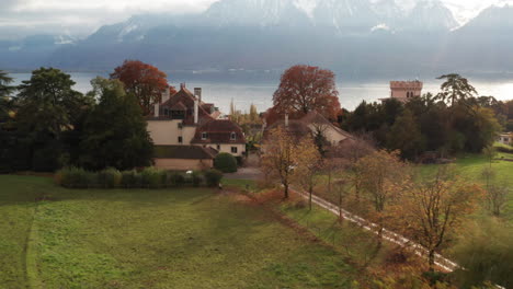 Flying-over-beautiful-small-town-in-Switzerland