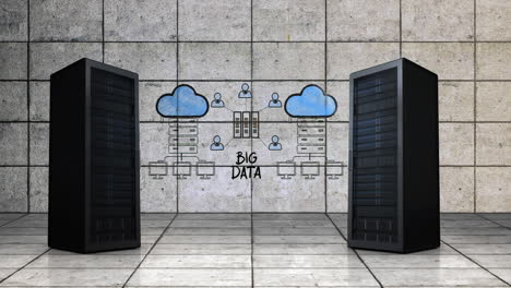 Server towers moving with an explanation drawing of Big Data
